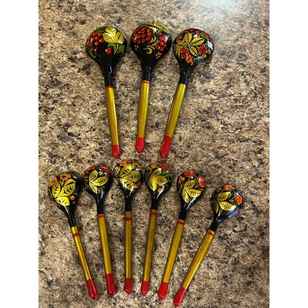Lot Of 9 Vintage Khokhloma Russian Wooden Lacquer Hand Painted Spoons - Picture 5 of 7